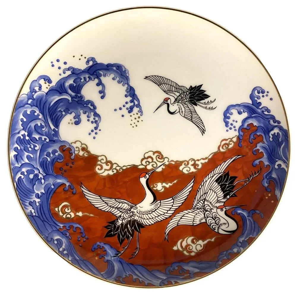 #8196 TAKAHASHI SHOKAI JAPAN RED AND BLUE OCEAN WAVES 8 IN PLATE